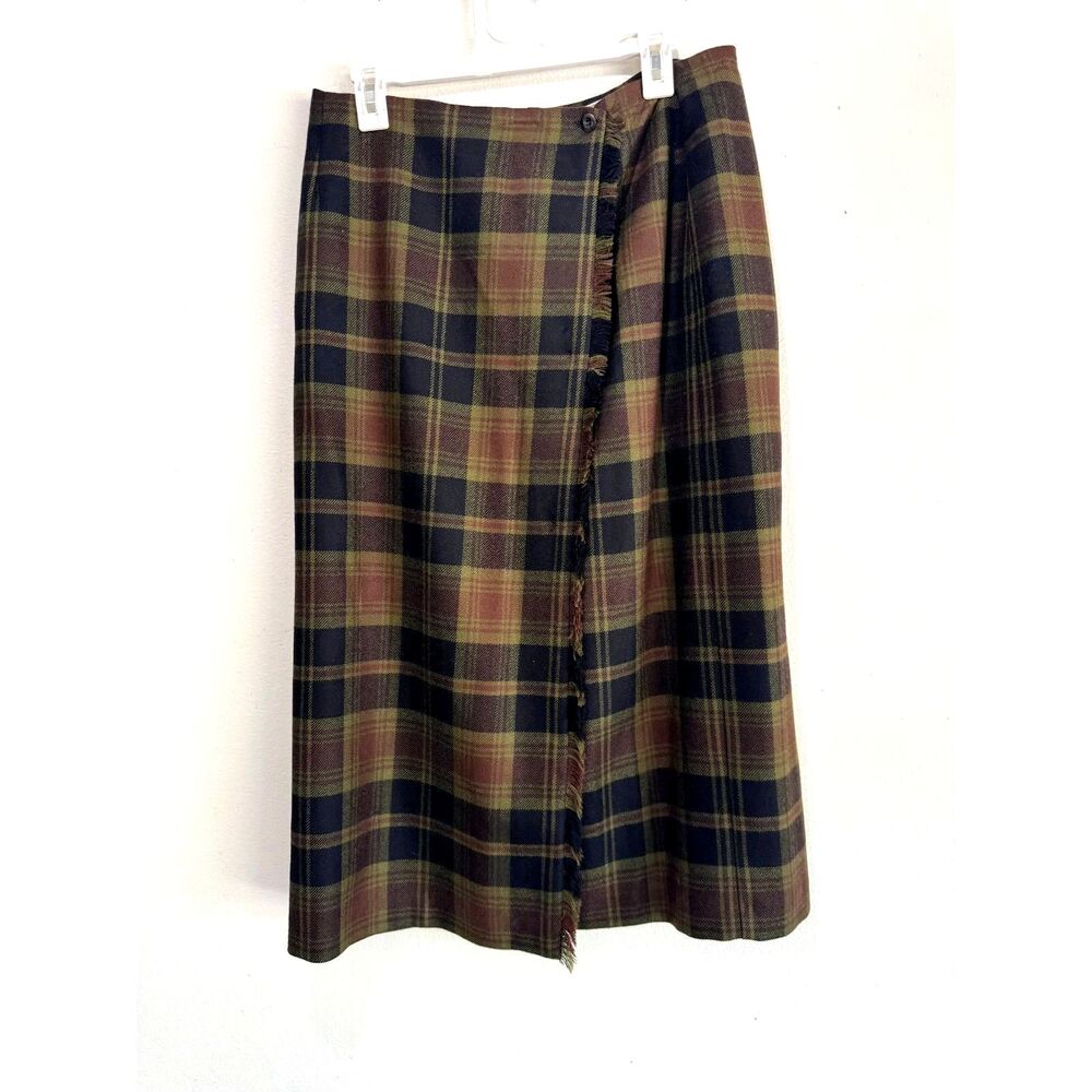 L. L. Bean wrap skirt VTG 100% wool tartan brown plaid classic winter women 14p
